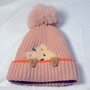 Kids Cute Kitten Blush Pink 3 D Knit Pom Pom Winter Beanie